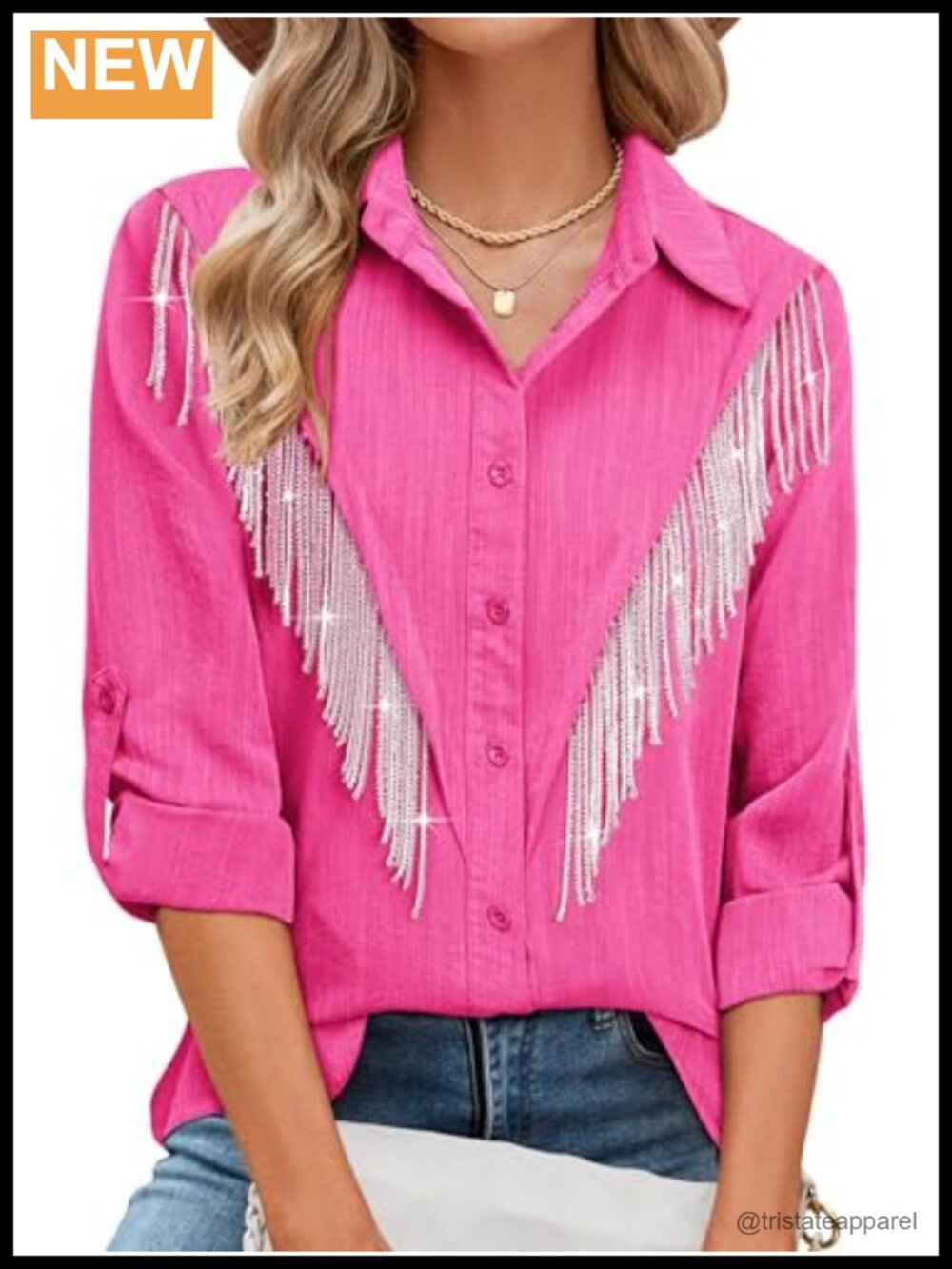 Sparkly Rhinestone Fringe Western Cowgirl Concert Button Down Top